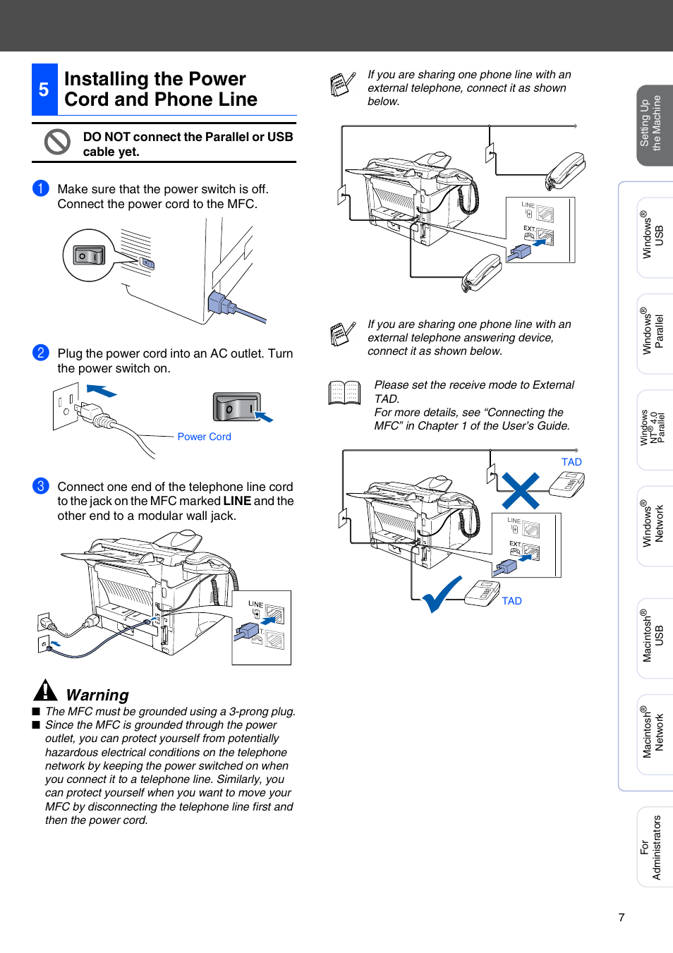 5 installing the power cord and phone line, Installing the power cord and phone line, 5installing the power cord and phone line | Warning | Brother MFC 8220 User Manual | Page 9 / 61