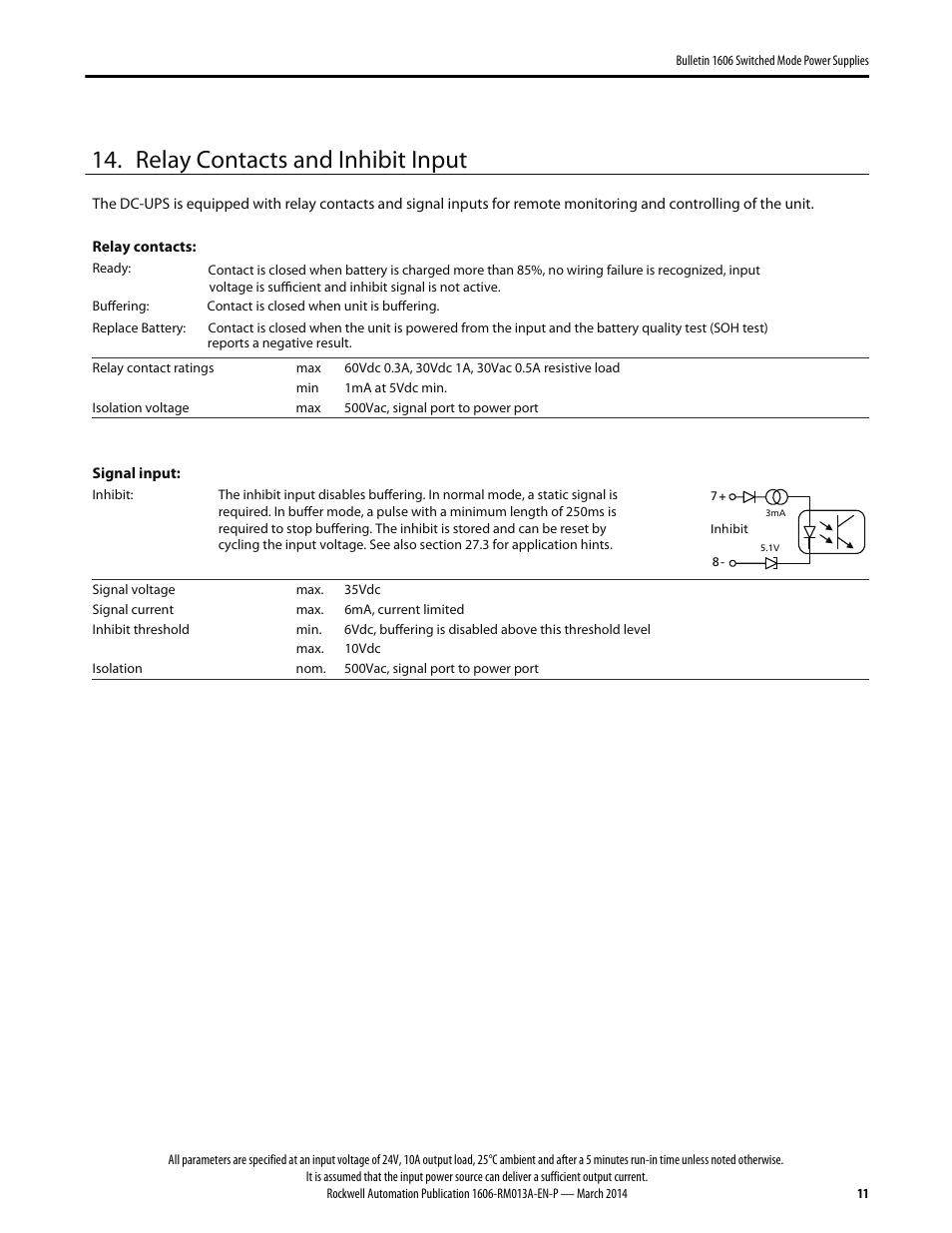 Relay contacts and inhibit input | Rockwell Automation 1606-XL240-UPSE Power Supply Reference Manual User Manual | Page 11 / 24