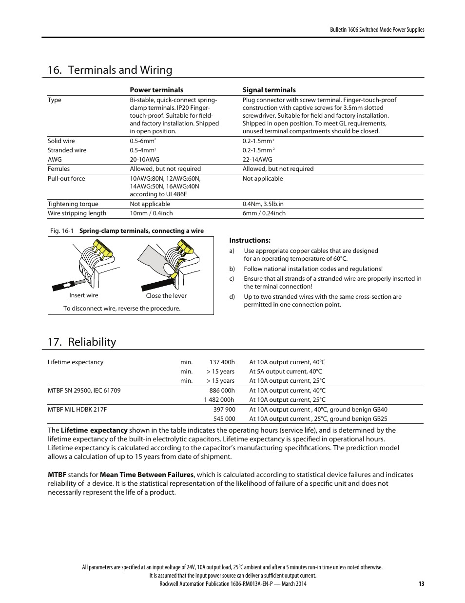 Terminals and wiring, Reliability | Rockwell Automation 1606-XL240-UPSE Power Supply Reference Manual User Manual | Page 13 / 24