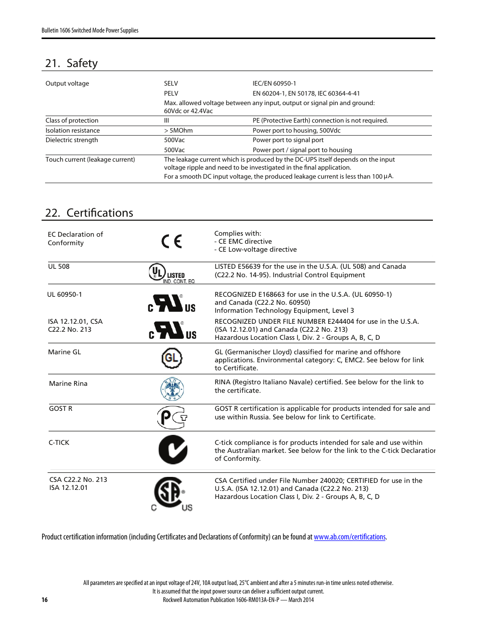 Safety, Certifications | Rockwell Automation 1606-XL240-UPSE Power Supply Reference Manual User Manual | Page 16 / 24