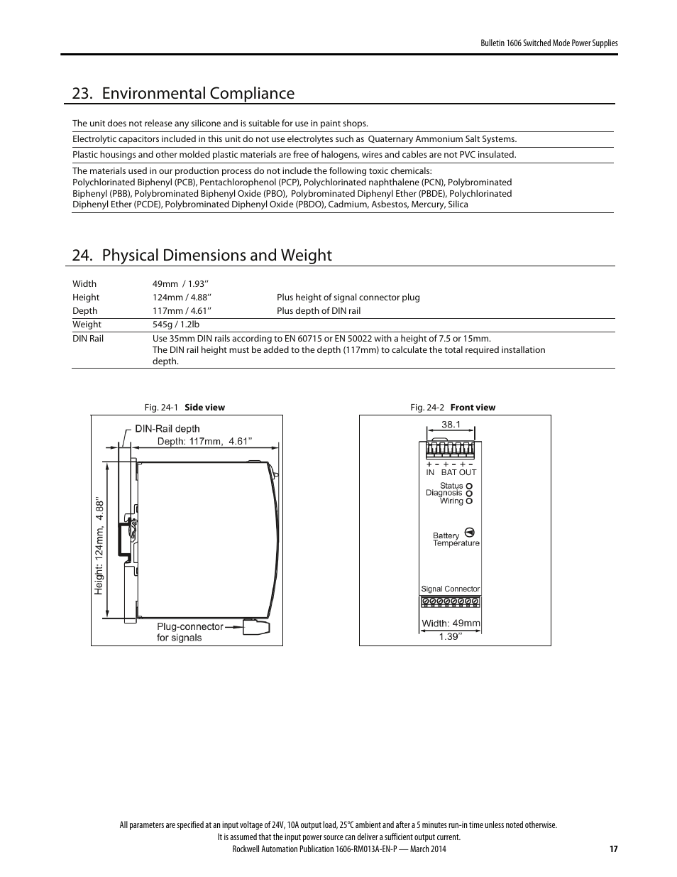 Environmental compliance, Physical dimensions and weight | Rockwell Automation 1606-XL240-UPSE Power Supply Reference Manual User Manual | Page 17 / 24