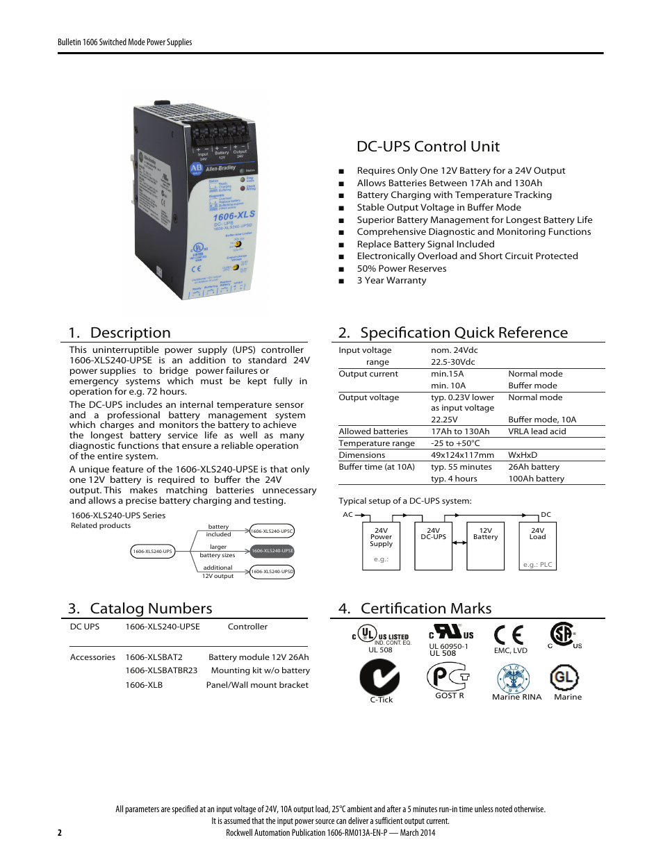 Dc-ups control unit, Description, Specification quick reference | Catalog numbers, Certification marks | Rockwell Automation 1606-XL240-UPSE Power Supply Reference Manual User Manual | Page 2 / 24