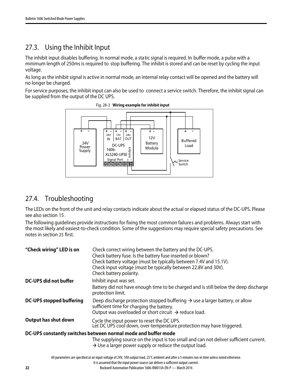 Using the inhibit input, Troubleshooting | Rockwell Automation 1606-XL240-UPSE Power Supply Reference Manual User Manual | Page 22 / 24
