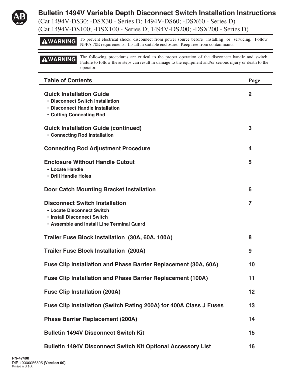 Rockwell Automation 1494V-DSxx Series D Variable Depth Disconnect Switch User Manual | 16 pages