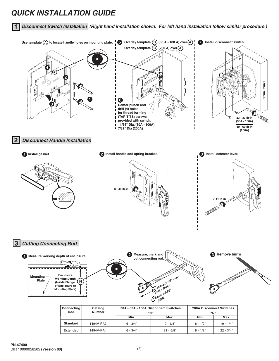 Quick installation guide, Cutting connecting rod, Top handle h ole bo tt om handle h ole | Top bo tt | Rockwell Automation 1494V-DSxx Series D Variable Depth Disconnect Switch User Manual | Page 2 / 16