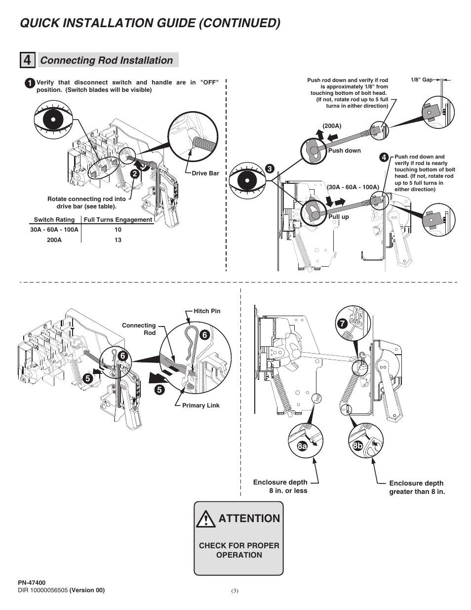 Quick installation guide (continued), Attention, Connecting rod installation | Rockwell Automation 1494V-DSxx Series D Variable Depth Disconnect Switch User Manual | Page 3 / 16