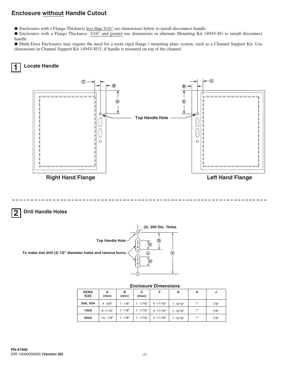 Enclosure without handle cutout, Right hand flange, Left hand flange | Locate handle, Drill handle holes | Rockwell Automation 1494V-DSxx Series D Variable Depth Disconnect Switch User Manual | Page 5 / 16