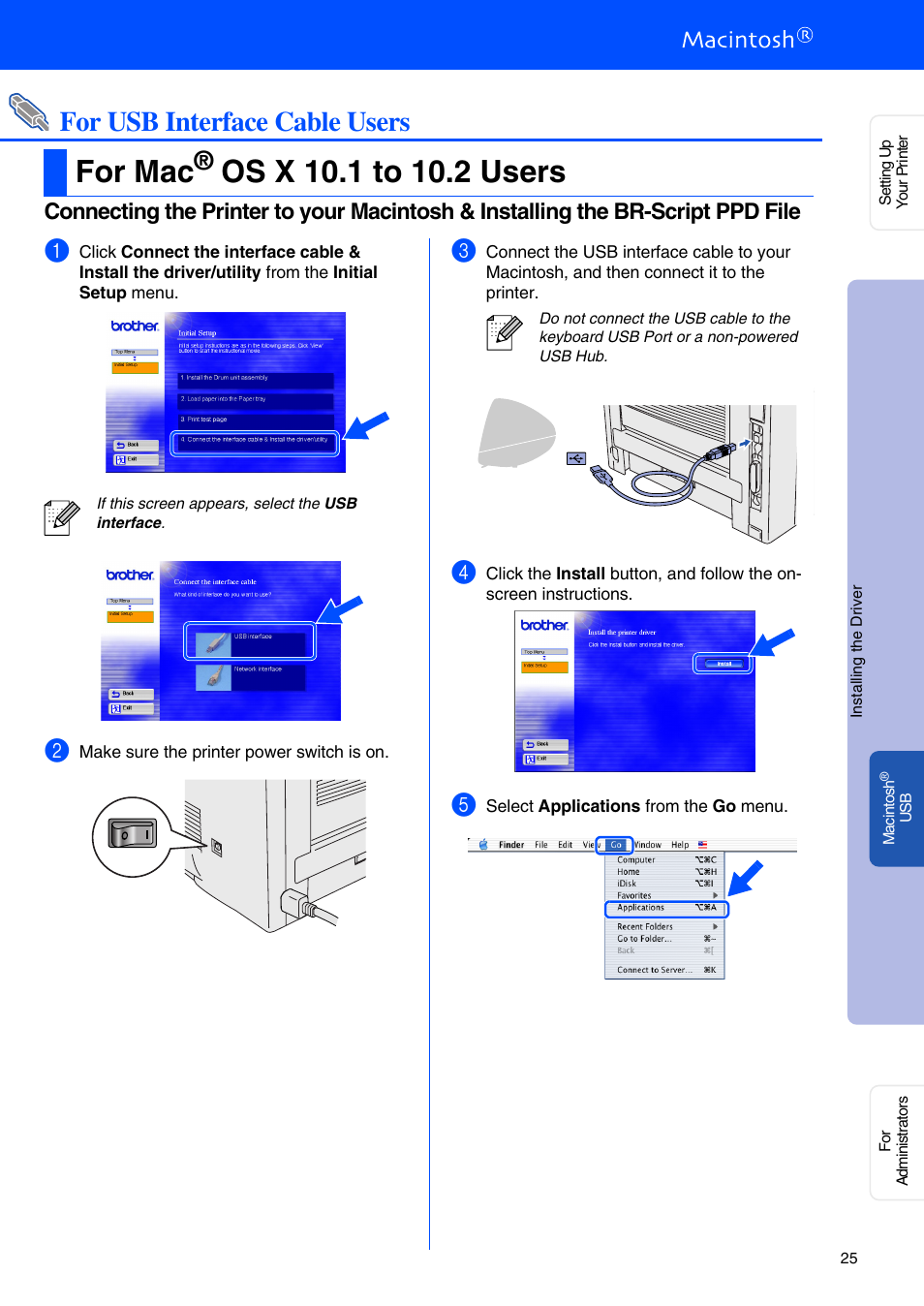 For mac® os x 10.1 to 10.2 users, For mac, Os x 10.1 to 10.2 users | For usb interface cable users | Brother HL-5070N Series User Manual | Page 27 / 38