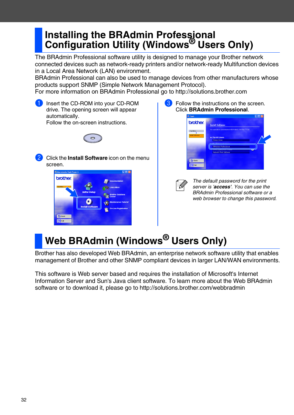 Web bradmin (windows® users only), Windows, Users only) | Web bradmin (windows | Brother HL-5070N Series User Manual | Page 34 / 38