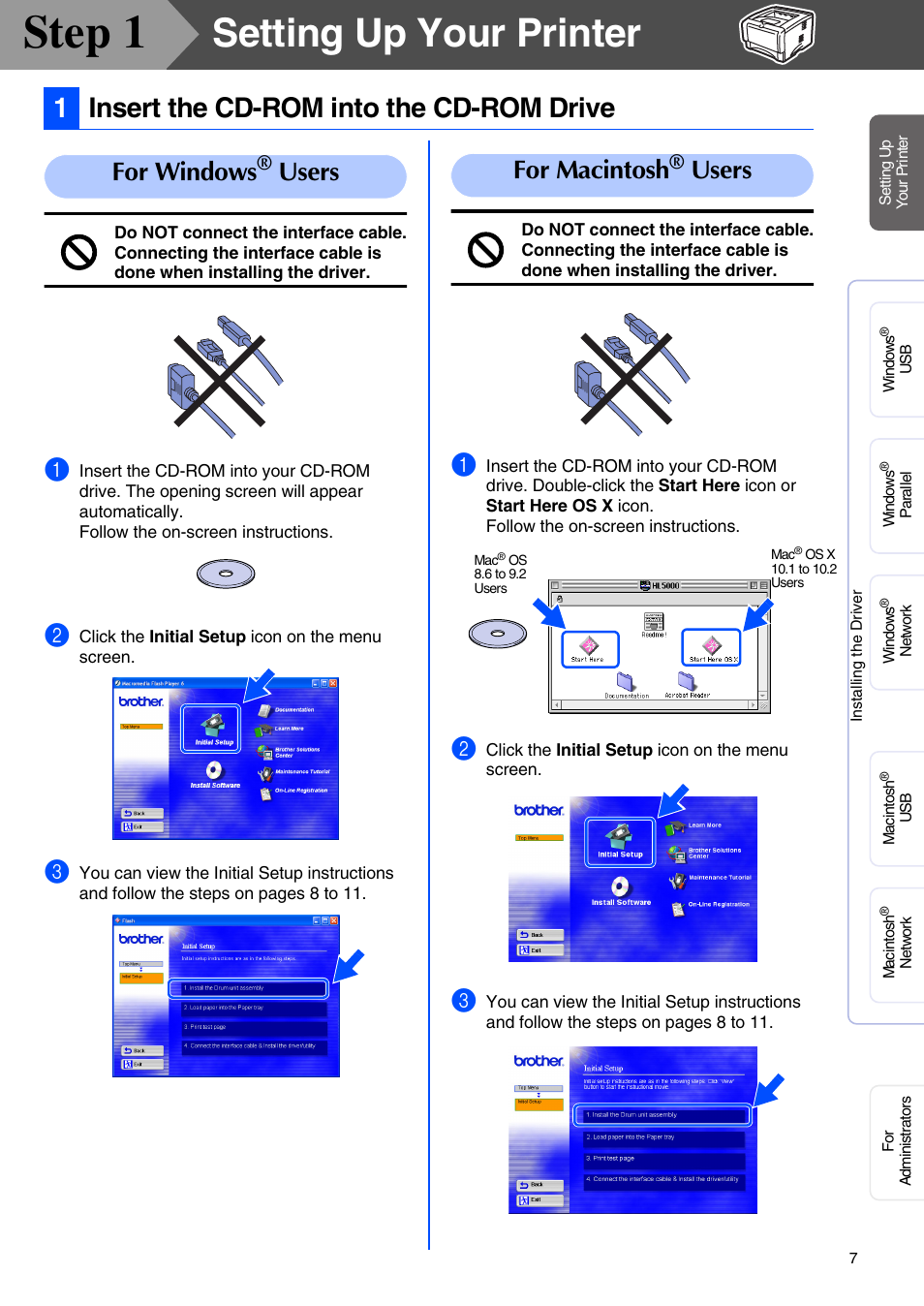 Setting up your printer, Insert the cd-rom into the cd-rom drive, Step 1 | 1insert the cd-rom into the cd-rom drive, For windows, Users for macintosh, Users | Brother HL-5070N Series User Manual | Page 9 / 38