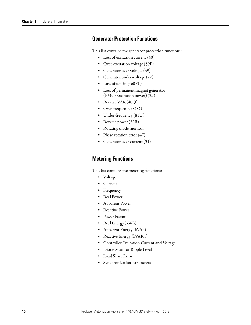Generator protection functions, Metering functions | Rockwell Automation 1407-CGCM Combination Generator Control Module User Manual | Page 10 / 246