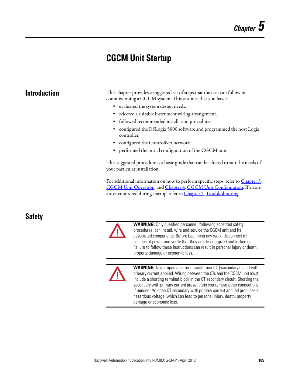 5 - cgcm unit startup, Introduction, Safety | Chapter 5, Cgcm unit startup, Introduction safety, Chapter | Rockwell Automation 1407-CGCM Combination Generator Control Module User Manual | Page 105 / 246