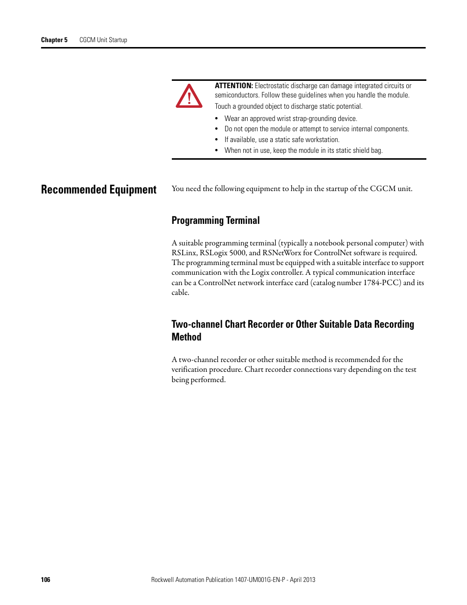 Recommended equipment, Programming terminal | Rockwell Automation 1407-CGCM Combination Generator Control Module User Manual | Page 106 / 246