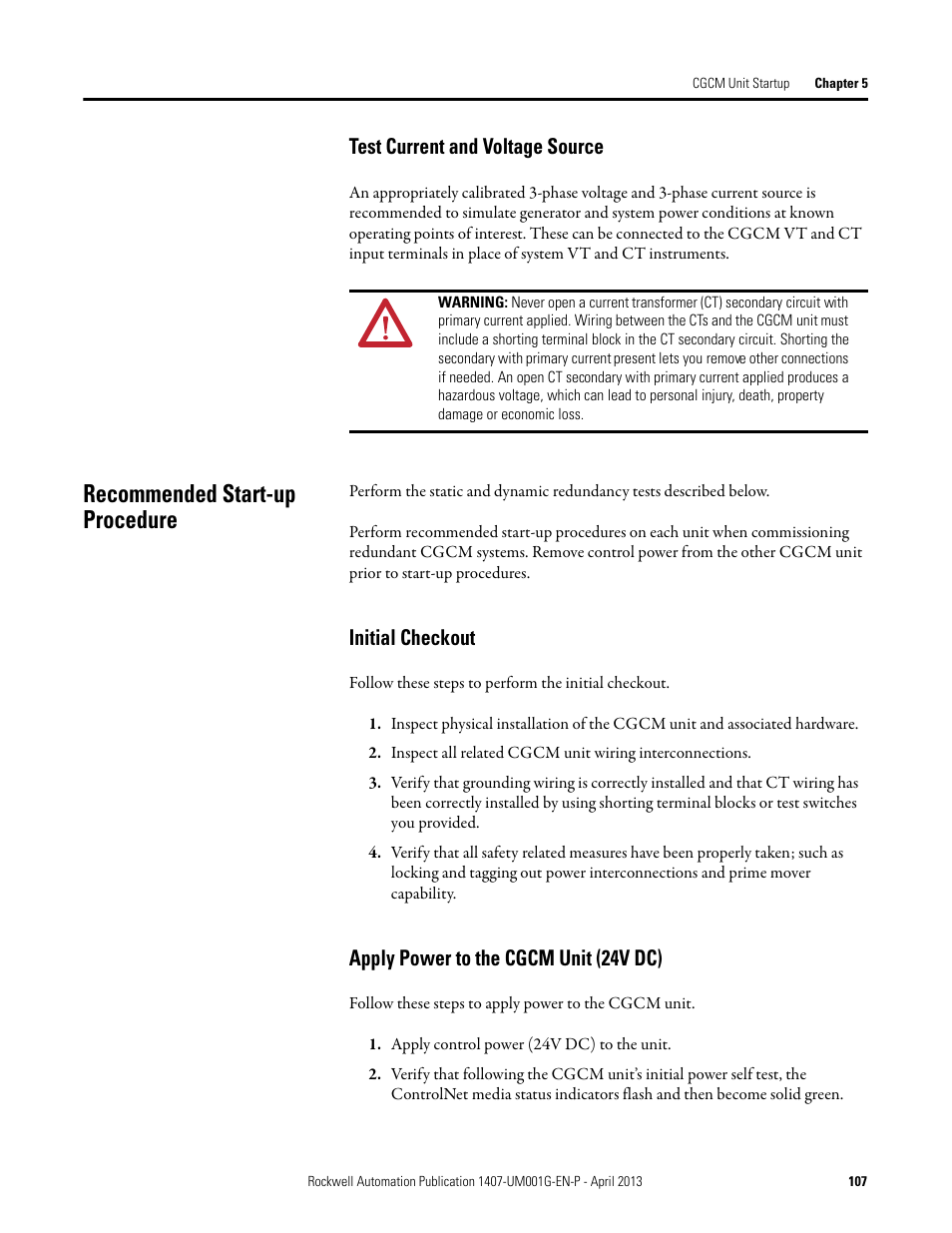 Recommended start-up procedure, Test current and voltage source, Initial checkout | Apply power to the cgcm unit (24v dc) | Rockwell Automation 1407-CGCM Combination Generator Control Module User Manual | Page 107 / 246