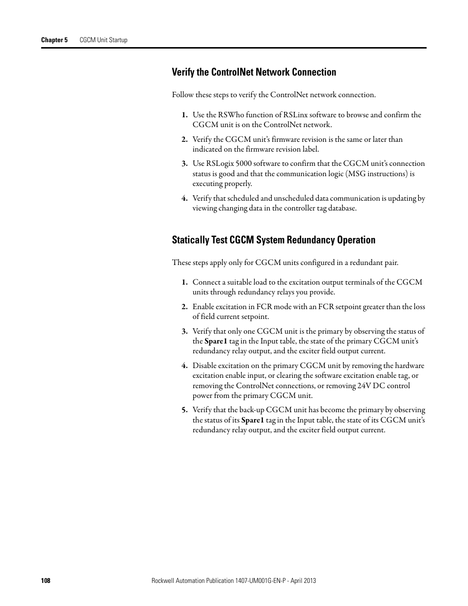 Verify the controlnet network connection, Statically test cgcm system redundancy operation | Rockwell Automation 1407-CGCM Combination Generator Control Module User Manual | Page 108 / 246