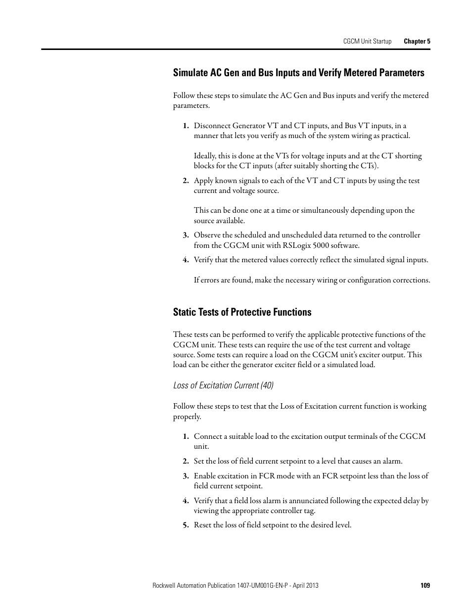 Static tests of protective functions | Rockwell Automation 1407-CGCM Combination Generator Control Module User Manual | Page 109 / 246