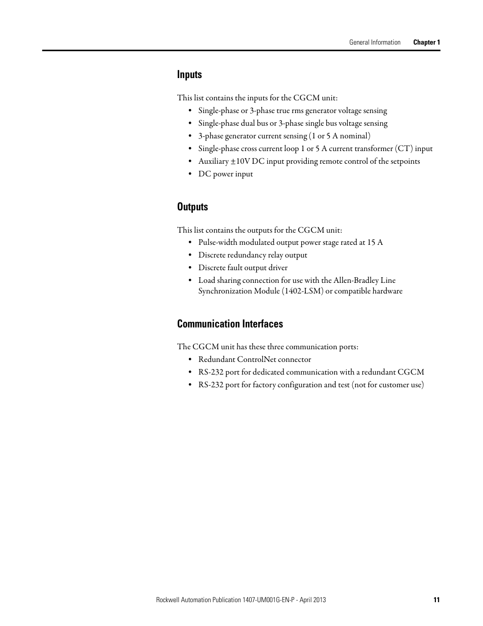 Inputs, Outputs, Communication interfaces | Rockwell Automation 1407-CGCM Combination Generator Control Module User Manual | Page 11 / 246