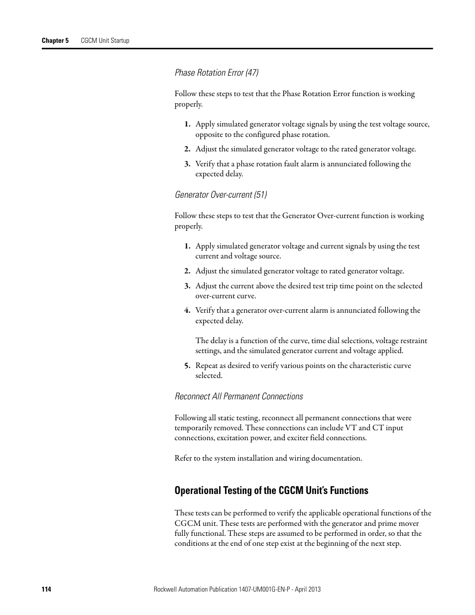 Operational testing of the cgcm unit’s functions | Rockwell Automation 1407-CGCM Combination Generator Control Module User Manual | Page 114 / 246