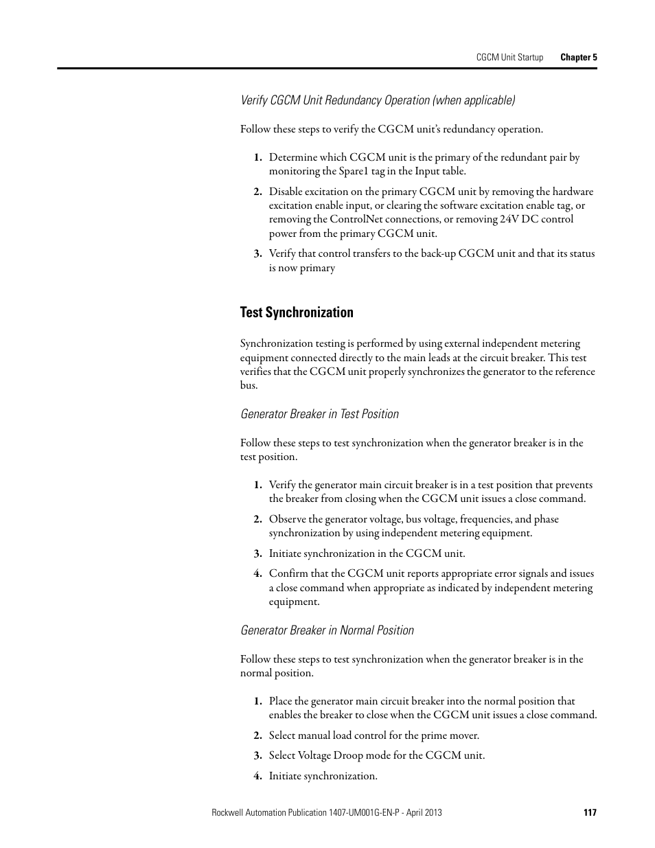 Test synchronization | Rockwell Automation 1407-CGCM Combination Generator Control Module User Manual | Page 117 / 246