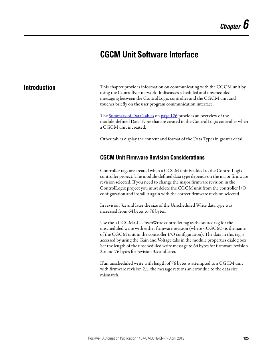 6 - cgcm unit software interface, Introduction, Chapter 6 | Cgcm unit software interface, Cgcm unit software, Interface, Chapter | Rockwell Automation 1407-CGCM Combination Generator Control Module User Manual | Page 125 / 246