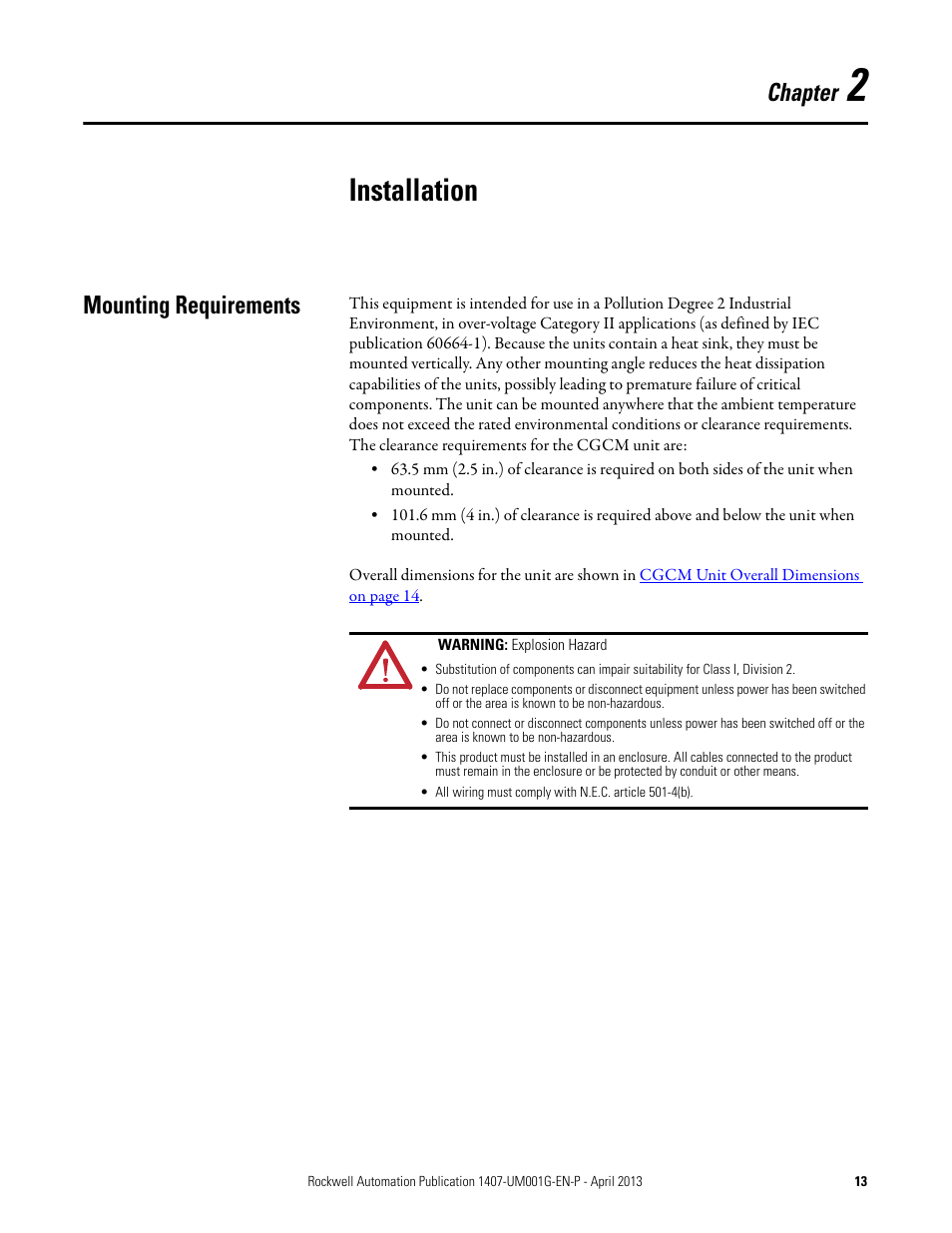 2 - installation, Mounting requirements, Chapter 2 | Installation, Chapter | Rockwell Automation 1407-CGCM Combination Generator Control Module User Manual | Page 13 / 246