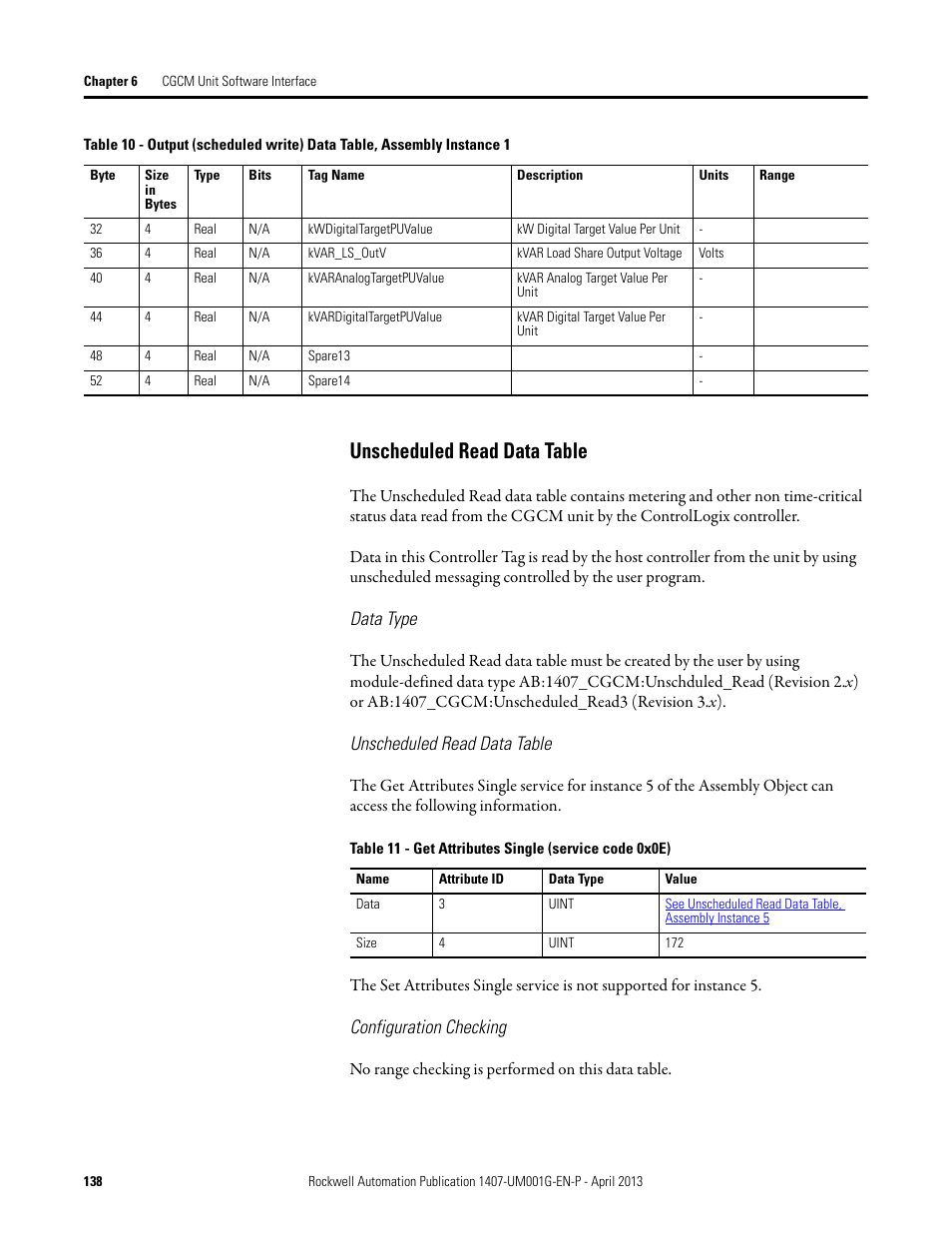 Unscheduled read data table | Rockwell Automation 1407-CGCM Combination Generator Control Module User Manual | Page 138 / 246