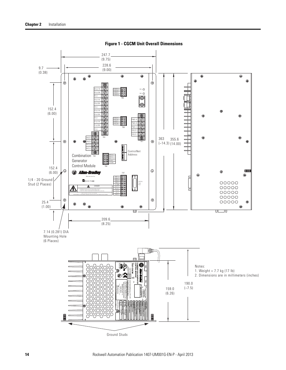 Figure 1 - cgcm unit overall dimensions, Combination generator control module | Rockwell Automation 1407-CGCM Combination Generator Control Module User Manual | Page 14 / 246