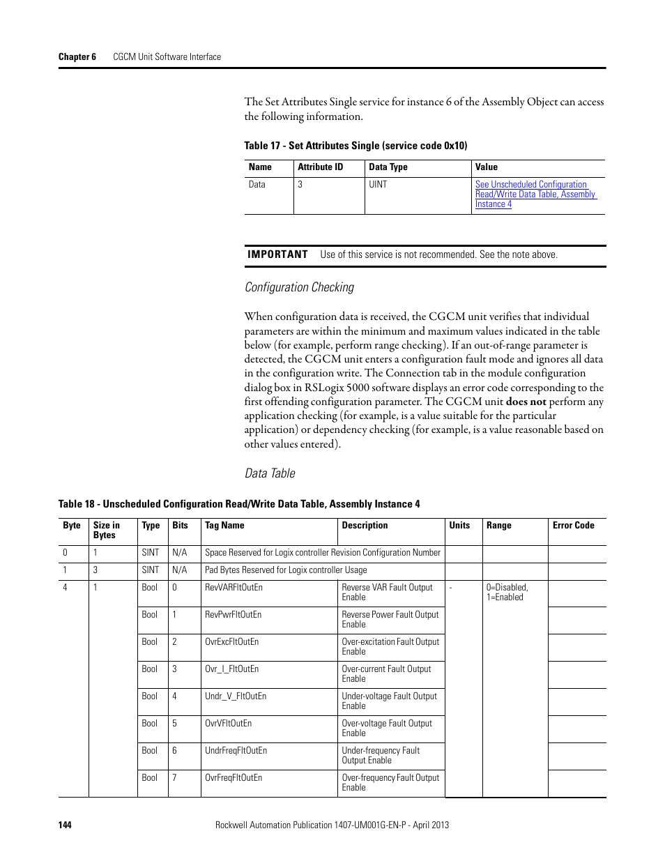 Configuration checking, Data table | Rockwell Automation 1407-CGCM Combination Generator Control Module User Manual | Page 144 / 246