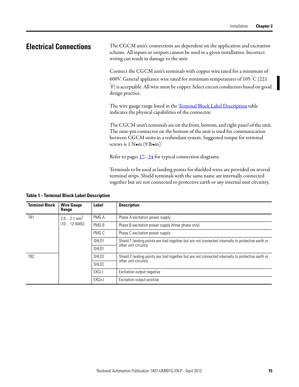 Electrical connections | Rockwell Automation 1407-CGCM Combination Generator Control Module User Manual | Page 15 / 246