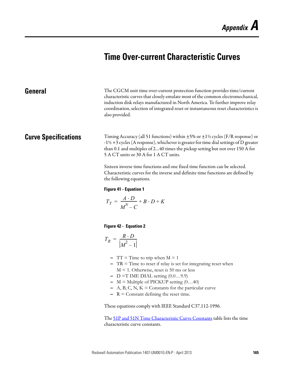 A - time over-current characteristic curves, General, Curve specifications | Appendix a, Time over-current characteristic curves, General curve specifications, Appendix | Rockwell Automation 1407-CGCM Combination Generator Control Module User Manual | Page 165 / 246