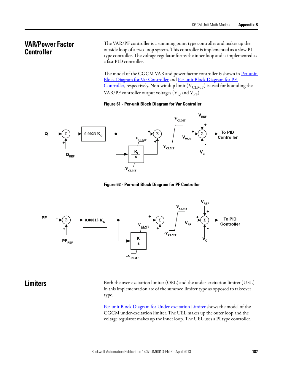 Var/power factor controller, Limiters, Var/power factor controller limiters | Rockwell Automation 1407-CGCM Combination Generator Control Module User Manual | Page 187 / 246