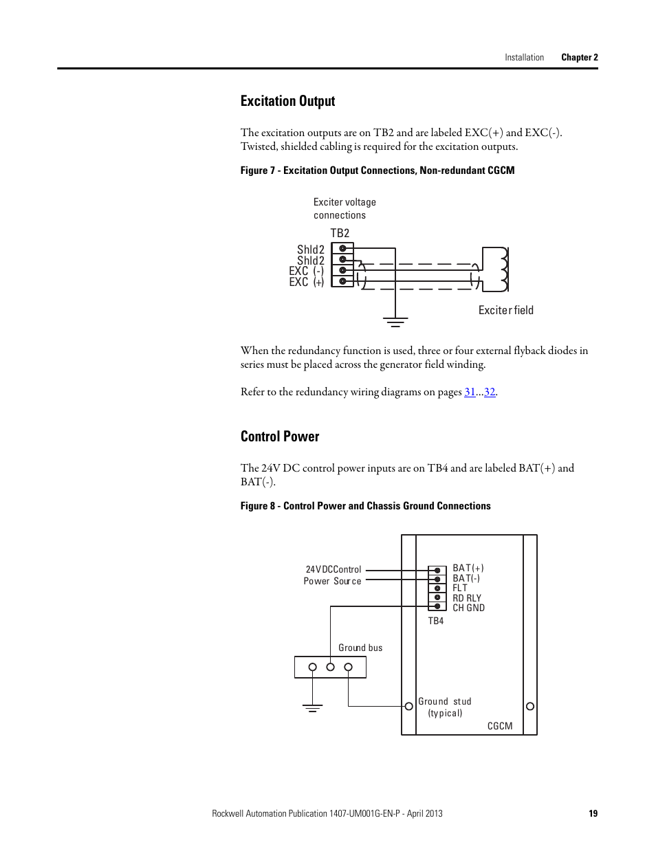 Excitation output, Control power | Rockwell Automation 1407-CGCM Combination Generator Control Module User Manual | Page 19 / 246