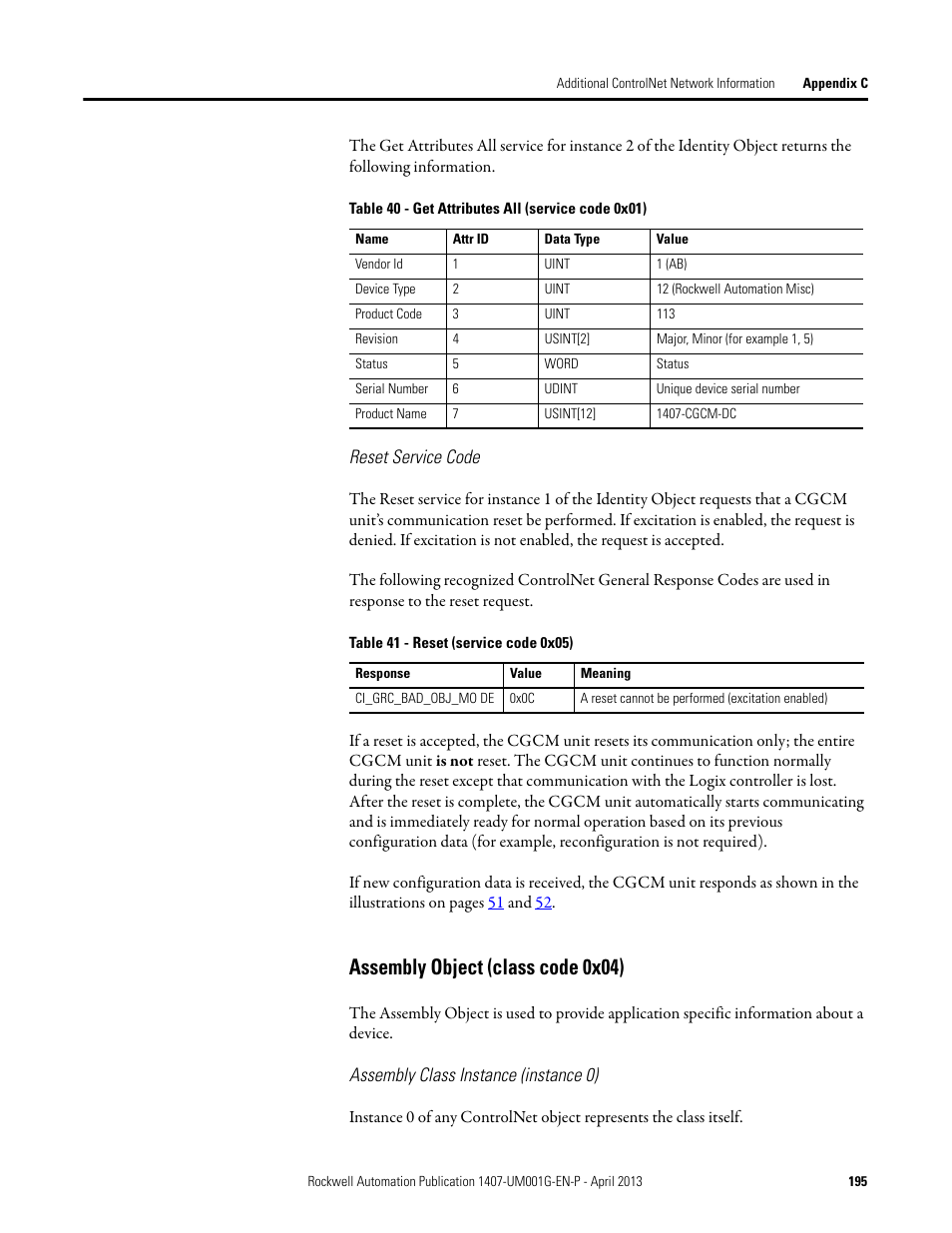 Assembly object (class code 0x04) | Rockwell Automation 1407-CGCM Combination Generator Control Module User Manual | Page 195 / 246