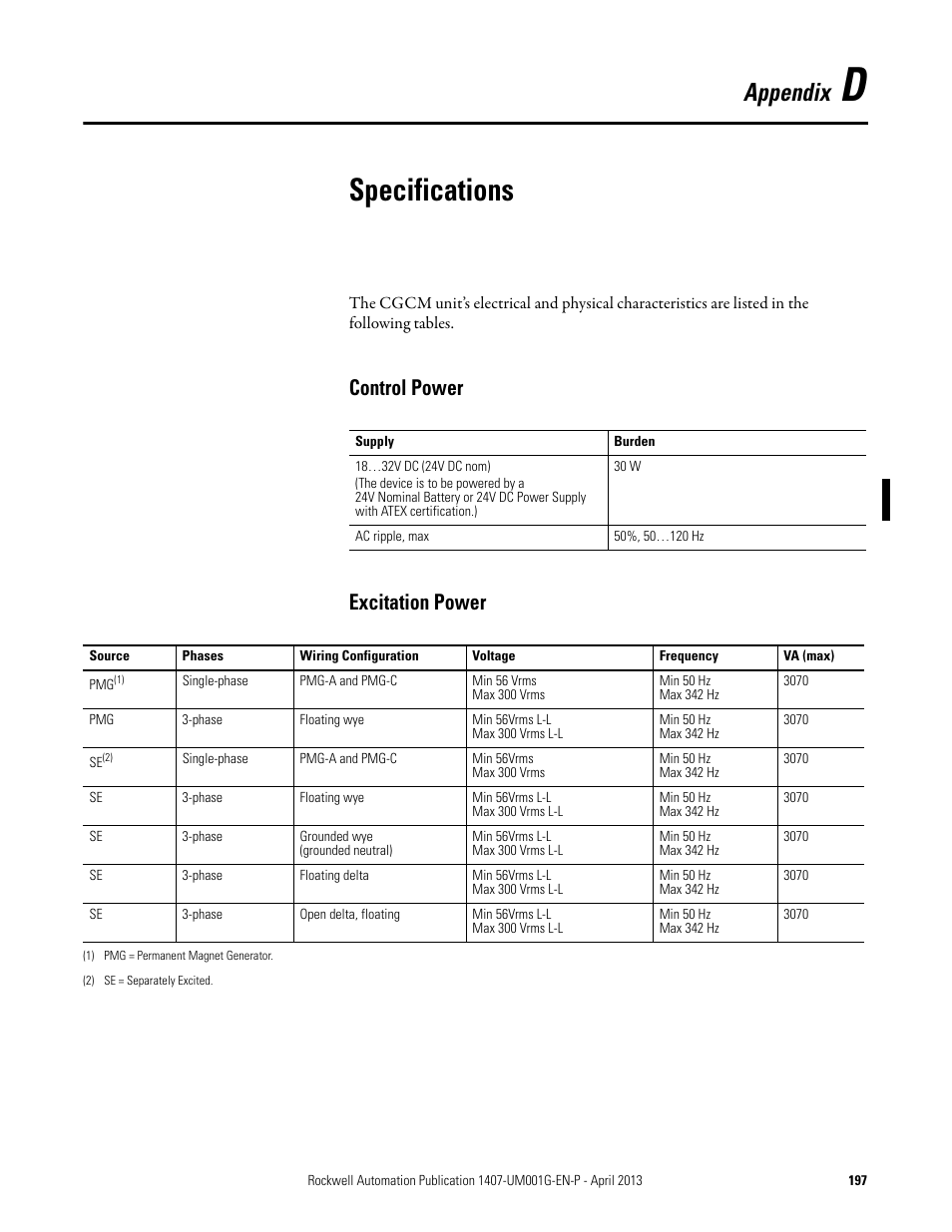 D - specifications, Appendix d, Specifications | For i, Appendix, Control power excitation power | Rockwell Automation 1407-CGCM Combination Generator Control Module User Manual | Page 197 / 246