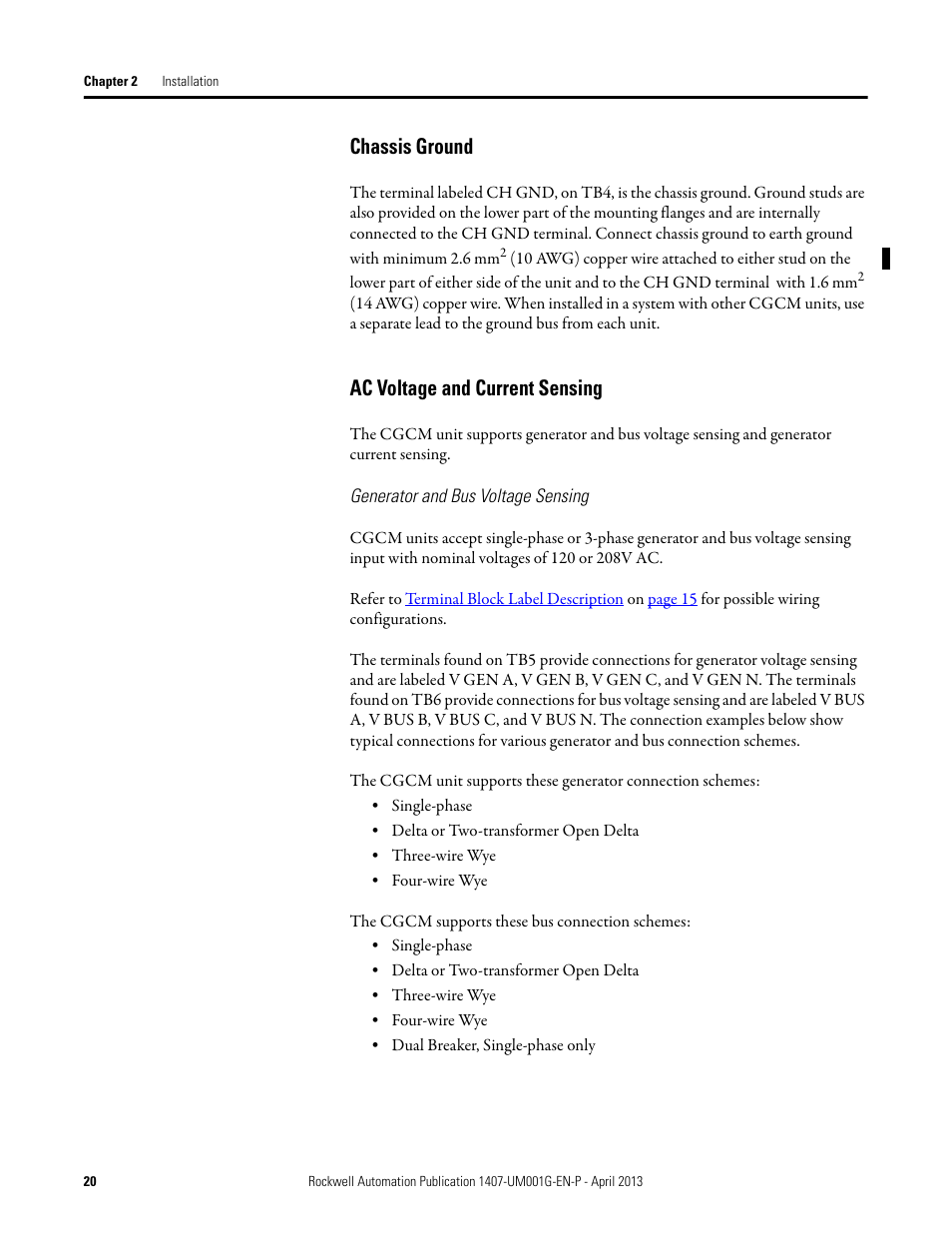 Chassis, Ground, Ac voltage and current sensing | Rockwell Automation 1407-CGCM Combination Generator Control Module User Manual | Page 20 / 246