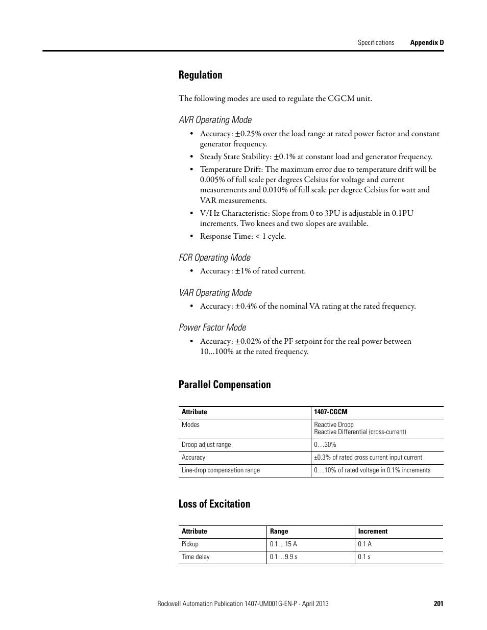 Regulation, Parallel compensation loss of excitation | Rockwell Automation 1407-CGCM Combination Generator Control Module User Manual | Page 201 / 246