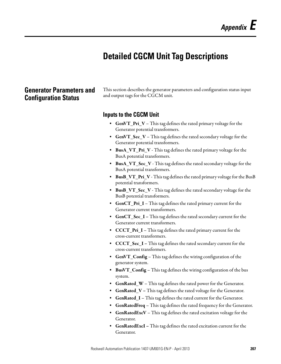 E - detailed cgcm unit tag descriptions, Generator parameters and configuration status, Appendix e | Detailed cgcm unit tag descriptions, Appendix | Rockwell Automation 1407-CGCM Combination Generator Control Module User Manual | Page 207 / 246