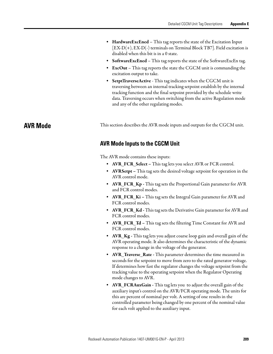 Avr mode, Avr mode inputs to the cgcm unit | Rockwell Automation 1407-CGCM Combination Generator Control Module User Manual | Page 209 / 246