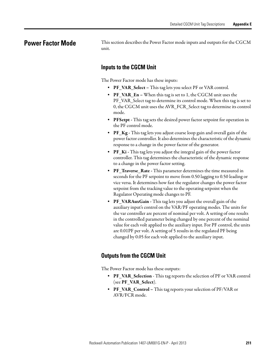 Power factor mode, Inputs to the cgcm unit, Outputs from the cgcm unit | Rockwell Automation 1407-CGCM Combination Generator Control Module User Manual | Page 211 / 246