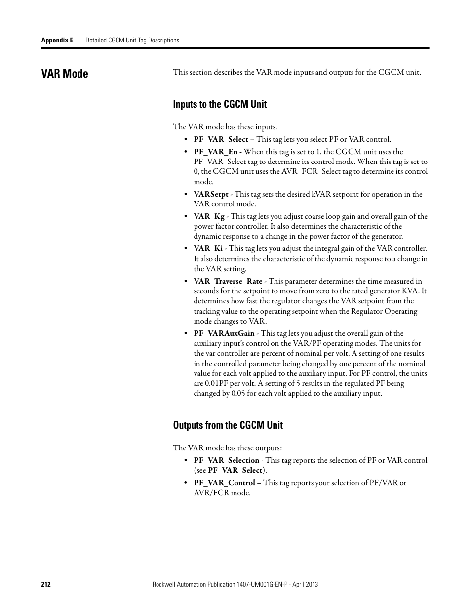 Var mode, Inputs to the cgcm unit, Outputs from the cgcm unit | Rockwell Automation 1407-CGCM Combination Generator Control Module User Manual | Page 212 / 246