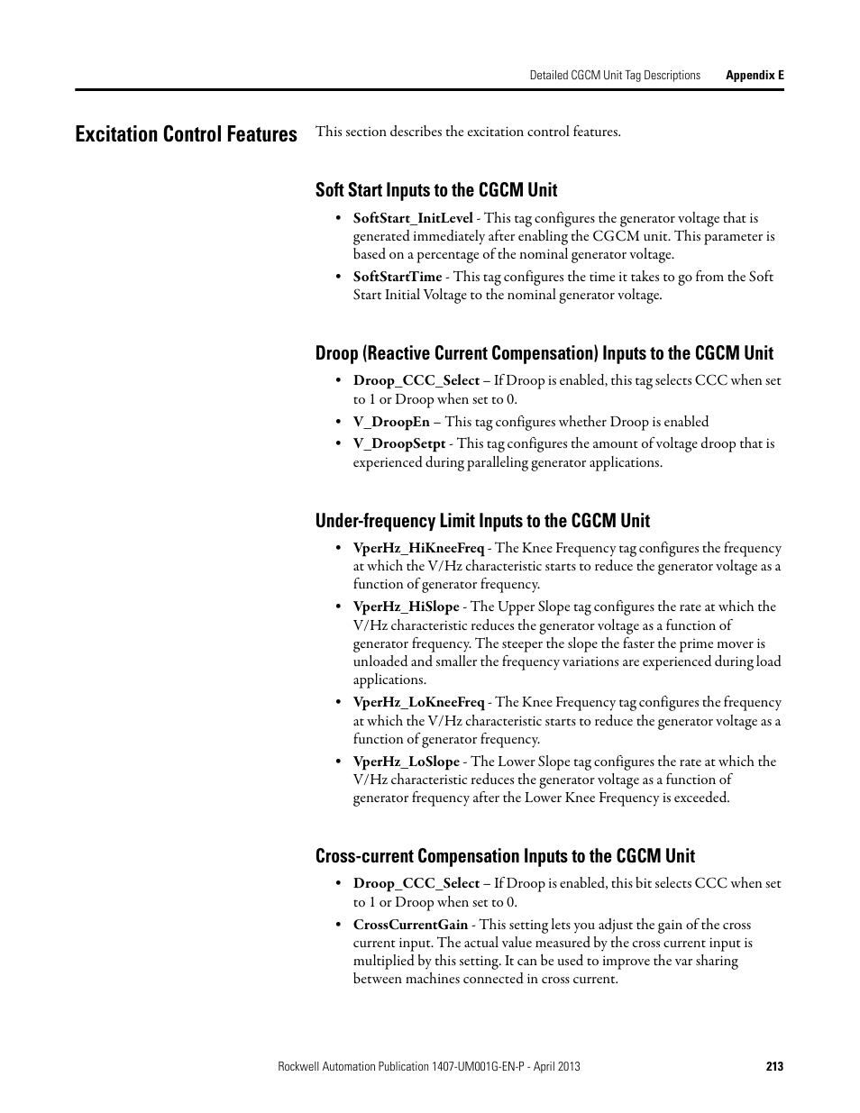 Excitation control features, Soft start inputs to the cgcm unit, Under-frequency limit inputs to the cgcm unit | Cross-current compensation inputs to the cgcm unit | Rockwell Automation 1407-CGCM Combination Generator Control Module User Manual | Page 213 / 246