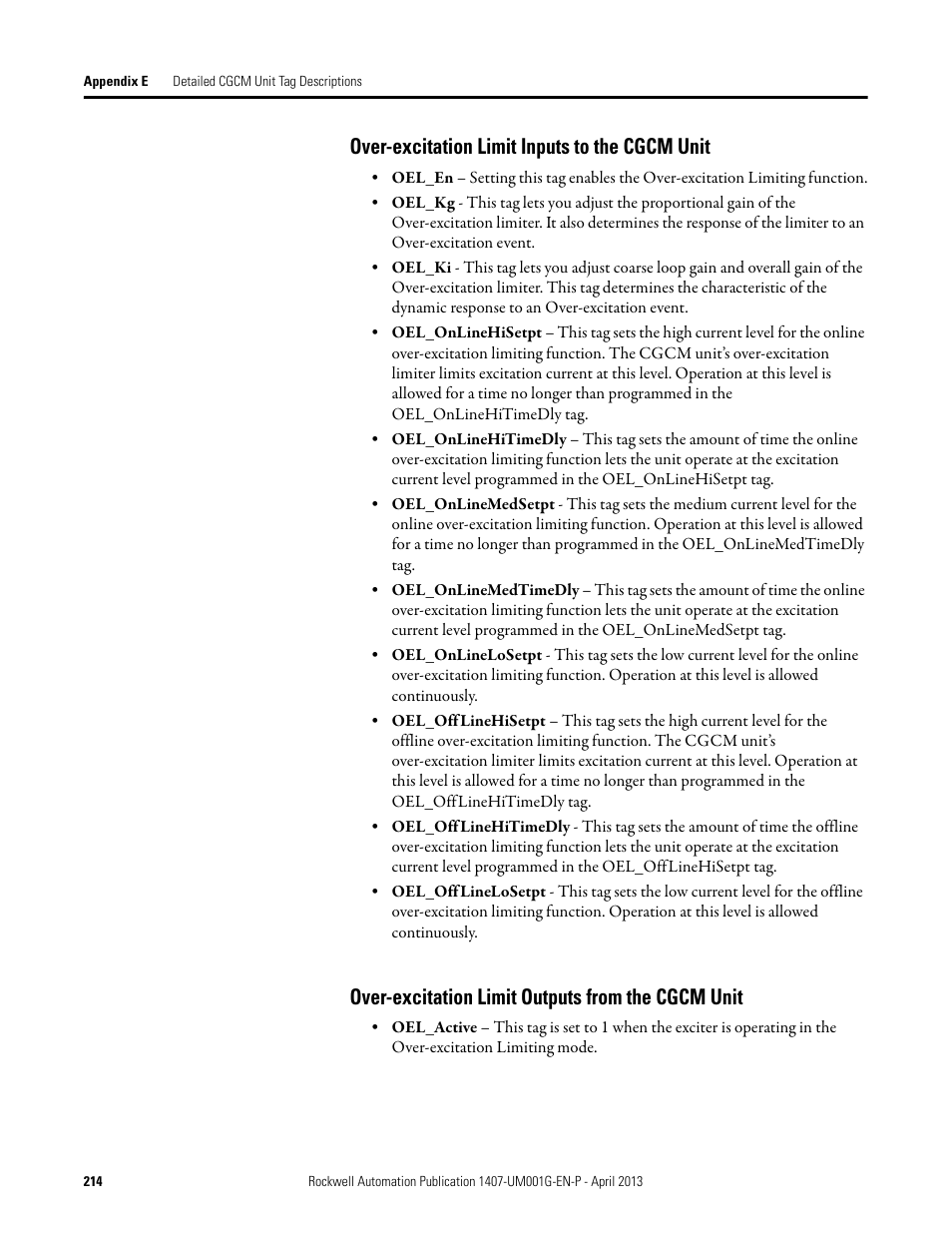 Over-excitation limit inputs to the cgcm unit, Over-excitation limit outputs from the cgcm unit | Rockwell Automation 1407-CGCM Combination Generator Control Module User Manual | Page 214 / 246