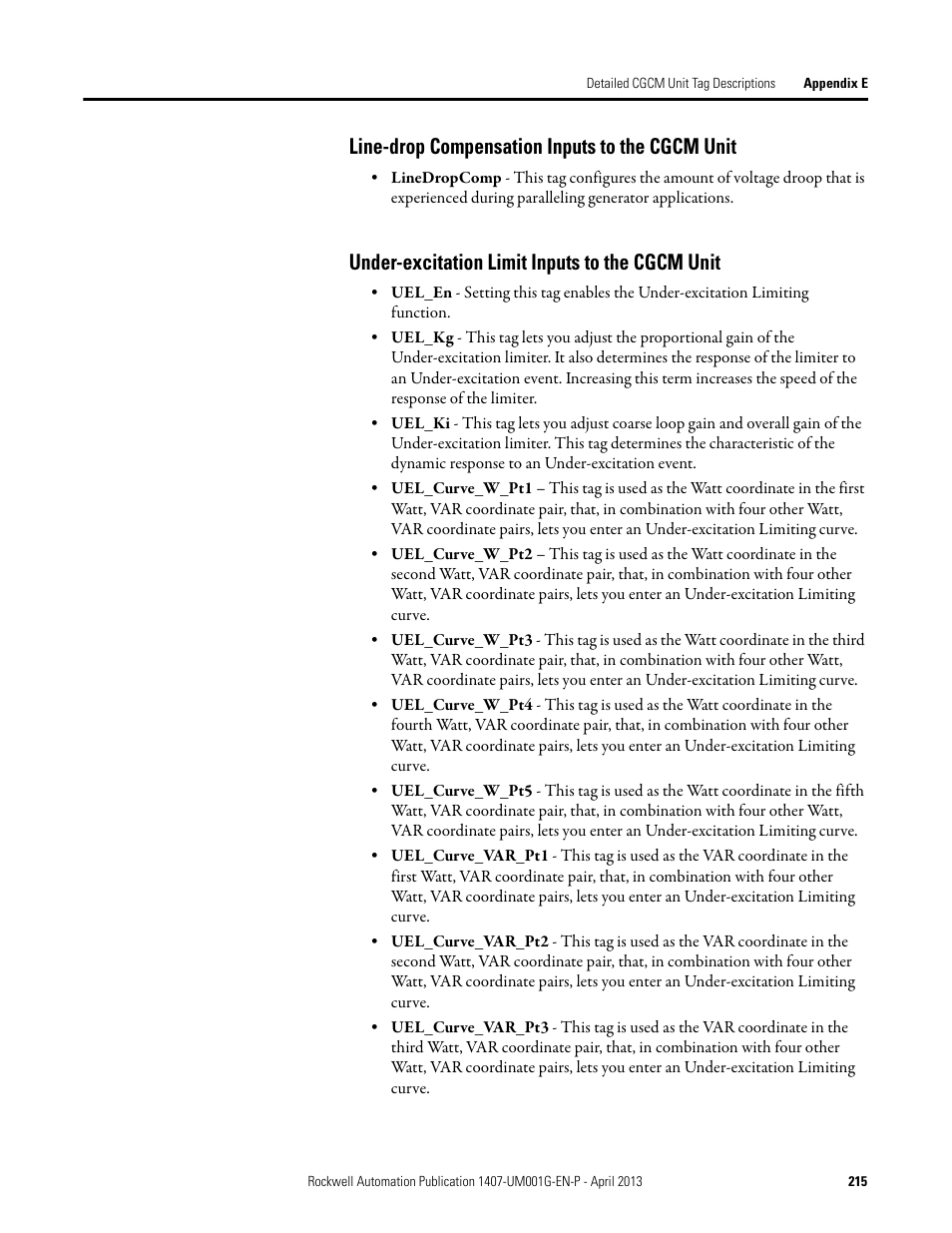 Line-drop compensation inputs to the cgcm unit, Under-excitation limit inputs to the cgcm unit | Rockwell Automation 1407-CGCM Combination Generator Control Module User Manual | Page 215 / 246