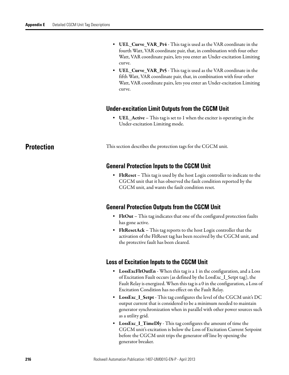 Protection, Under-excitation limit outputs from the cgcm unit, General protection inputs to the cgcm unit | General protection outputs from the cgcm unit, Loss of excitation inputs to the cgcm unit | Rockwell Automation 1407-CGCM Combination Generator Control Module User Manual | Page 216 / 246