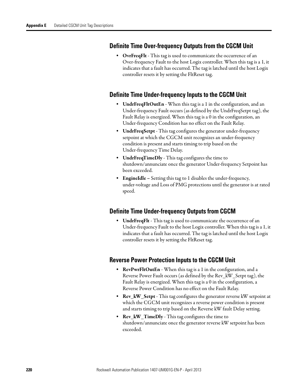 Definite time under-frequency outputs from cgcm, Reverse power protection inputs to the cgcm unit | Rockwell Automation 1407-CGCM Combination Generator Control Module User Manual | Page 220 / 246