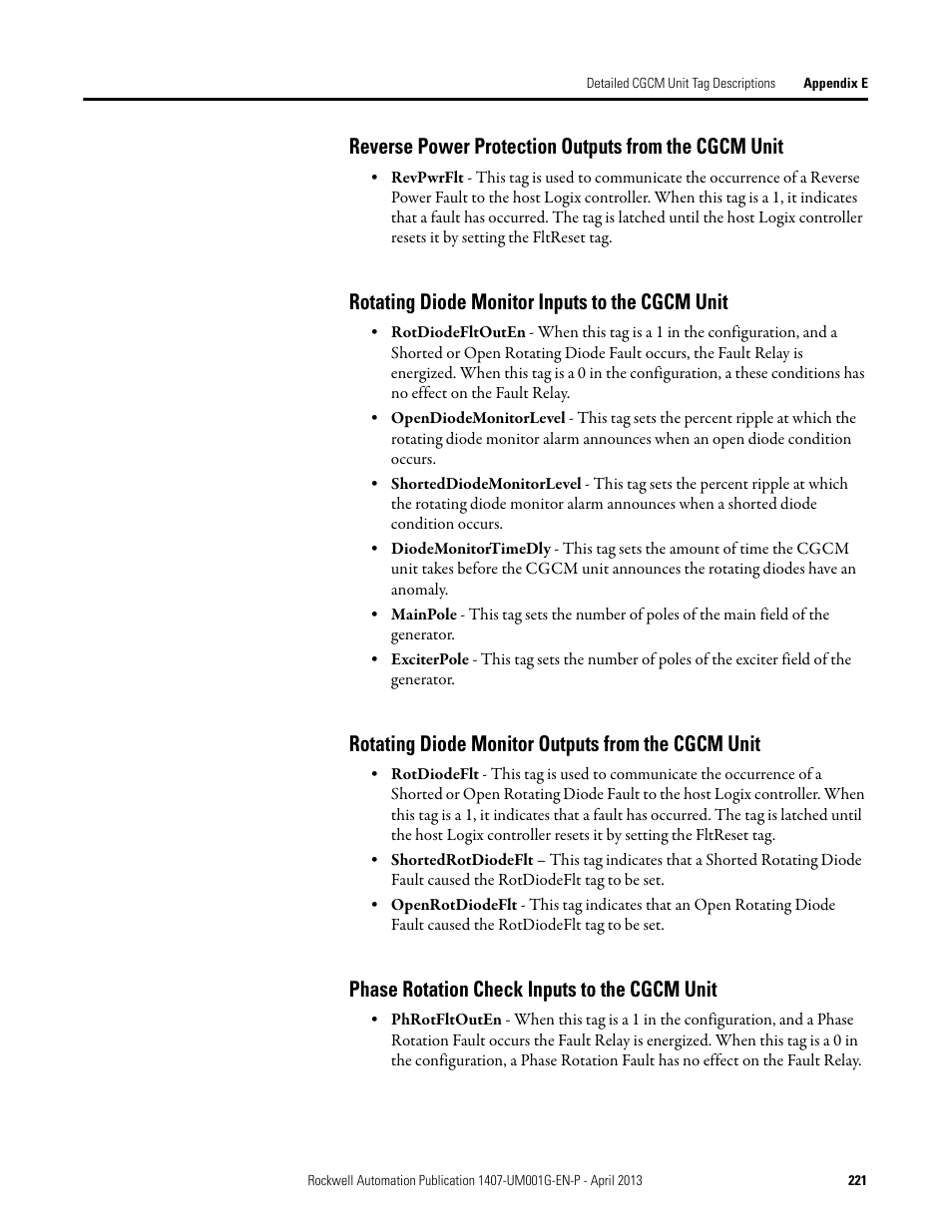 Rotating diode monitor inputs to the cgcm unit, Rotating diode monitor outputs from the cgcm unit, Phase rotation check inputs to the cgcm unit | Rockwell Automation 1407-CGCM Combination Generator Control Module User Manual | Page 221 / 246