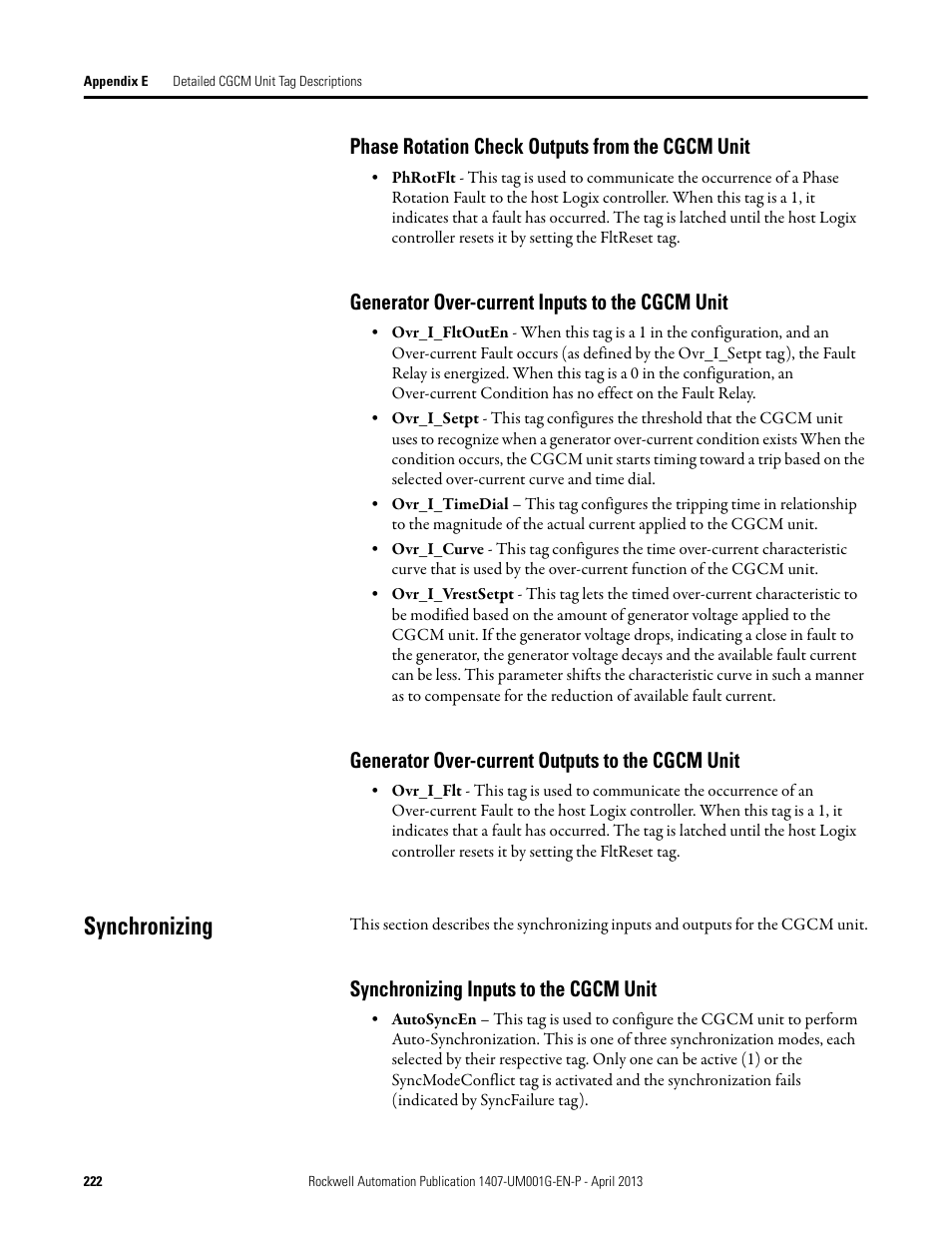 Synchronizing, Phase rotation check outputs from the cgcm unit, Generator over-current inputs to the cgcm unit | Generator over-current outputs to the cgcm unit, Synchronizing inputs to the cgcm unit | Rockwell Automation 1407-CGCM Combination Generator Control Module User Manual | Page 222 / 246