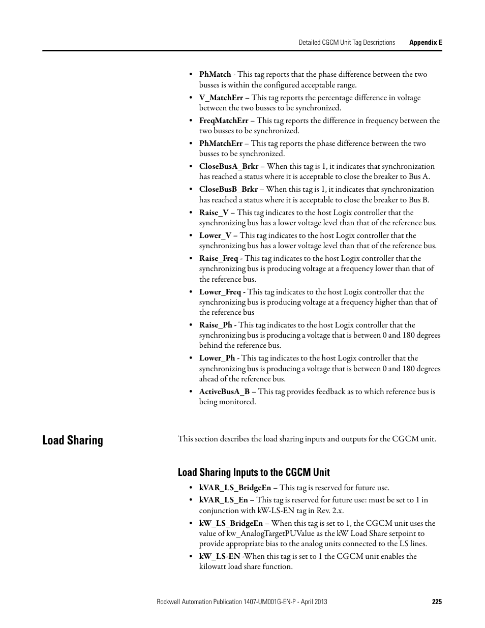 Load sharing, Load sharing inputs to the cgcm unit | Rockwell Automation 1407-CGCM Combination Generator Control Module User Manual | Page 225 / 246