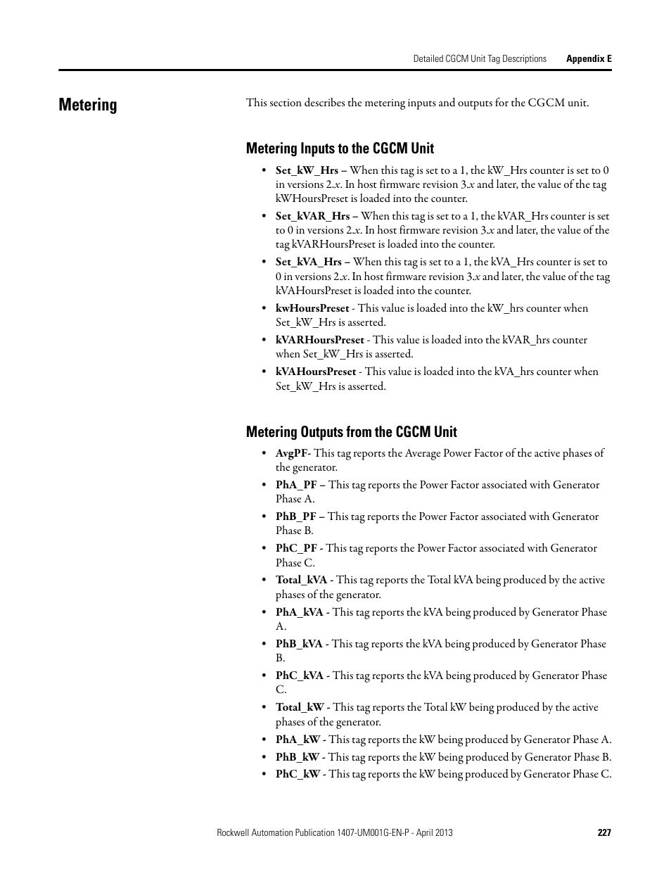 Metering, Metering inputs to the cgcm unit, Metering outputs from the cgcm unit | Rockwell Automation 1407-CGCM Combination Generator Control Module User Manual | Page 227 / 246