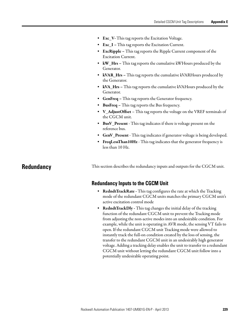 Redundancy, Redundancy inputs to the cgcm unit | Rockwell Automation 1407-CGCM Combination Generator Control Module User Manual | Page 229 / 246